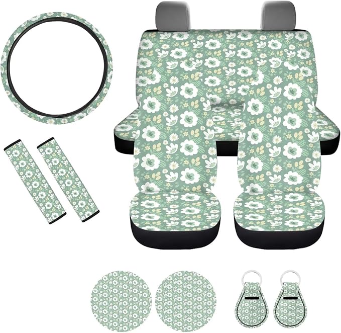 POLERO Sage Green Car Seat Covers for Women Ditsy Floral Steering Wheel Cover Full Set with Seat Belt Shoulder Pads Coasters Keychains, 11pcs