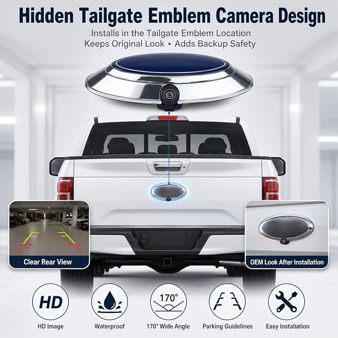Complete Tailgate Emblem Backup Camera Kit for Ford F-150 2011-2014, Rear View Camera Replacement Kit with Emblem Housing & Wiring Harness, 170° Wide Angle, IP68 Waterproof, Replaces BL3Z-19G490-B