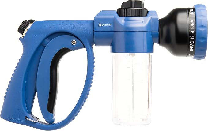 Corvid Adjustable Nozzle with Soap Dispenser, 8-Pattern Spray Hose Nozzle for Cleaning Cars, House, and Pets - Lightweight Plastic Design