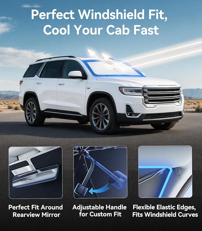Nmoiss [Vinyl Coating Heat Shield] Windshield Sun Shade Umbrella Custom for GMC Acadia, Protect Car from Sun Rays & Heat Damage Keep Cool and Protect Interior