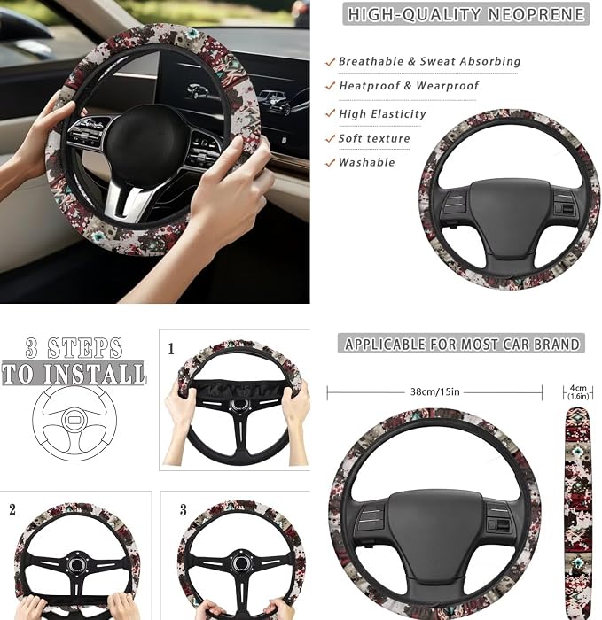 Retro Cow Print Automobile Seat Cover Sets 12 Pack Car Seat Belt Pad Cover Steering Wheel Cover Arm Rest Cover Car Interior Automotive Universal Fit Most Vehicles Cars SUV