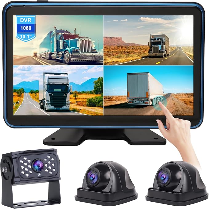 Wired RV Backup Camera System Kit, 10.1" IPS Touch Screen Display Monitor & 3 AHD Cameras with 4 Split Screen 1080P DVR Record IP69 Waterproof for RV Truck Bus Trailer Camper