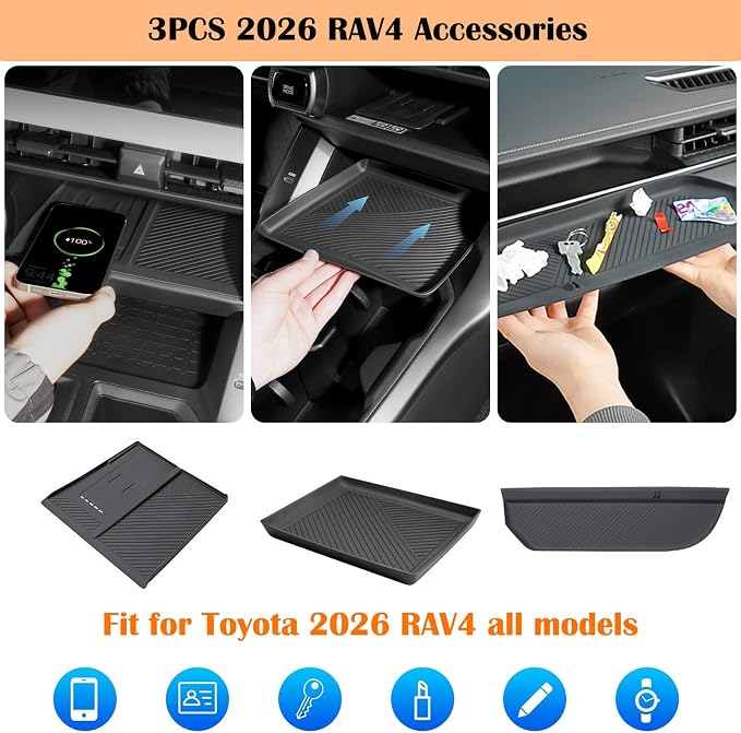 3PCS Center Console &Co-Pilot Front Organizer Tray &Wireless Charging Anti-Slip Compatible with Toyota 2026 RAV 4 XSE GR Sport Hybrid Limited XLE Woodland 2026 RAV4 Interior Accessories