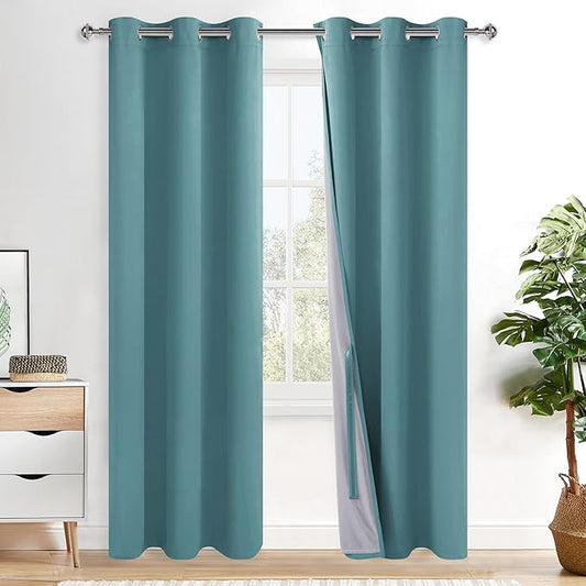 XWZO 100% Blackout Curtains - Thermal Insulated Black Liner Curtains, Noise Reducing and Heat Blocking Drapes for Hall and Studio Windows with Tiebacks, Stone Blue, W38 x L84, Set of 2