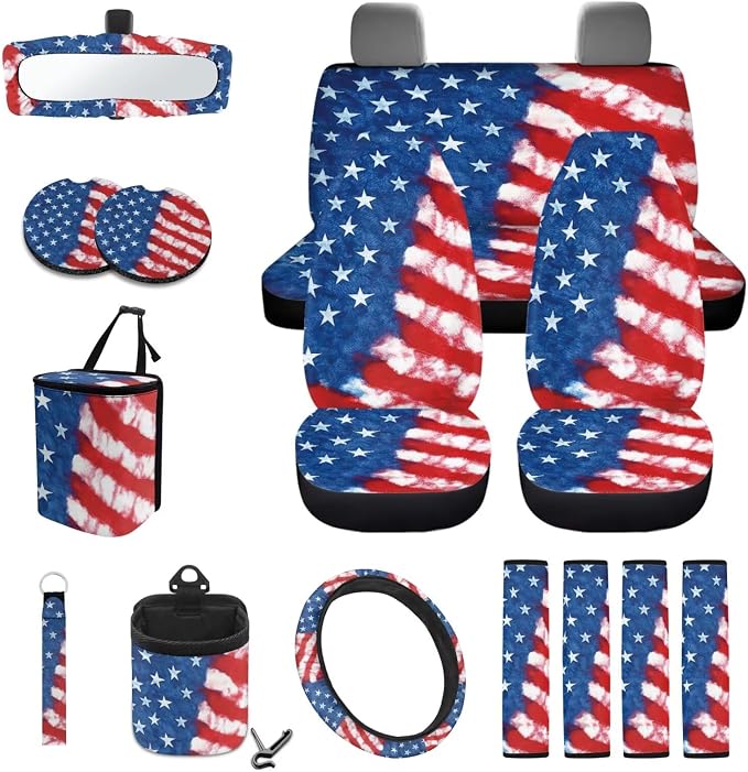 American Flag Pattern Car Accessories Set of 15, Full Set Seat Covers for Cars Steering Wheel Cover Seat Belt Cushion Car Trash Can Air Vent Storage Bag Cup Coasters Universal Fit
