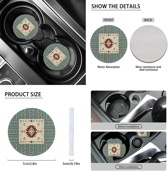 Wanyint Car Seat Cover Full Set 11 PCS, with Steering Wheel Headrest Handbrake Gear Shift Knob Cover Cup Coasters Auto Seat Cover Accessories, Southwest Aztec Beige Cyan