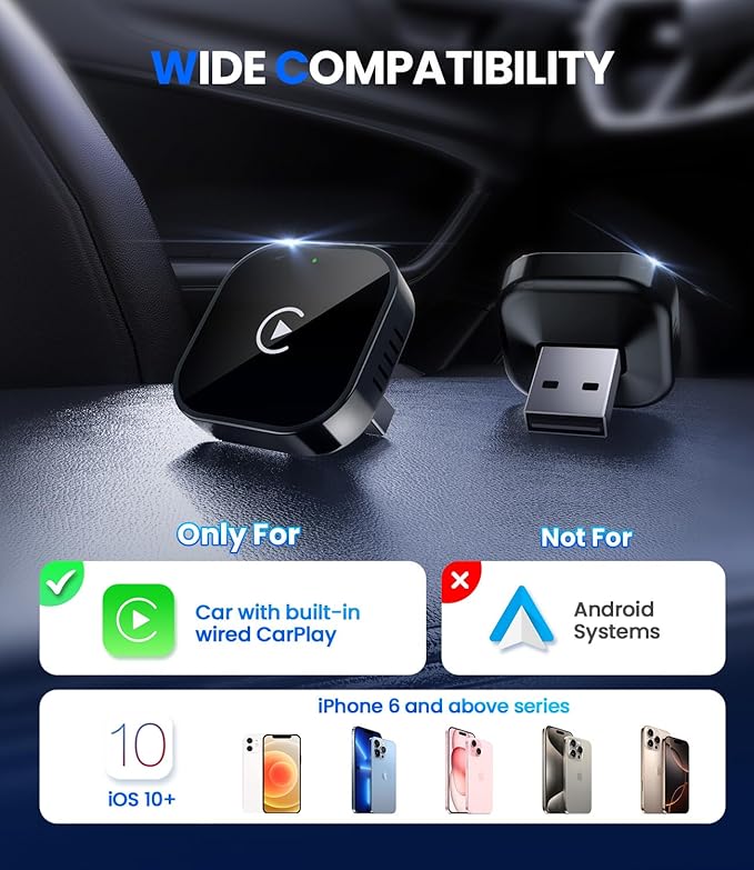 Teeran Wireless CarPlay Adapter for iPhone (2026 Upgraded), Mini Plug & Play for Cars with Factory Wired Apple CarPlay, Fast & Stable Connection, Easy Setup, Wide Vehicle Compatibility USB & USB C﻿