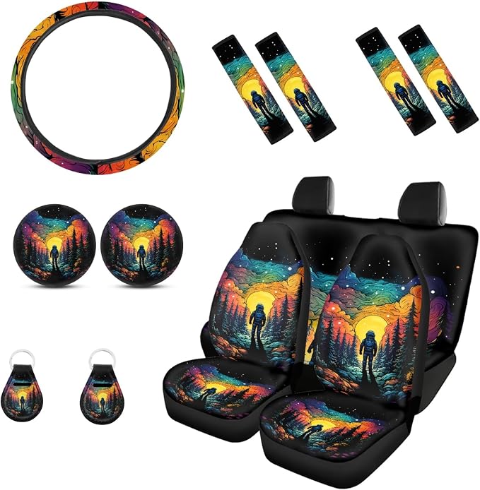 Howilath Galaxy Forset Astronaut Pattern Car Car Seat Covers Full Set/Steering Wheel Covers/Seat Belt Pads(4 Pack),Keyrings,Coaster,Universal 13 Pieces Auto Accessories