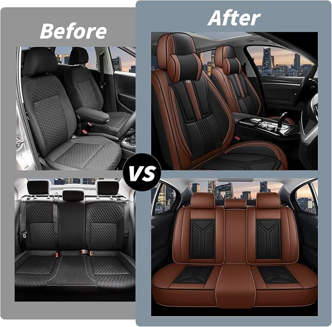 Arazi Fit for 90% of Mercedes-Benz Seat Covers, 360° Full Wrap Original Seat Cover, Waterproof Nappa Leather Seat Covers with Big Space Storage Pocket Seat Protector（5 Seats Luxury, Black&Brown）