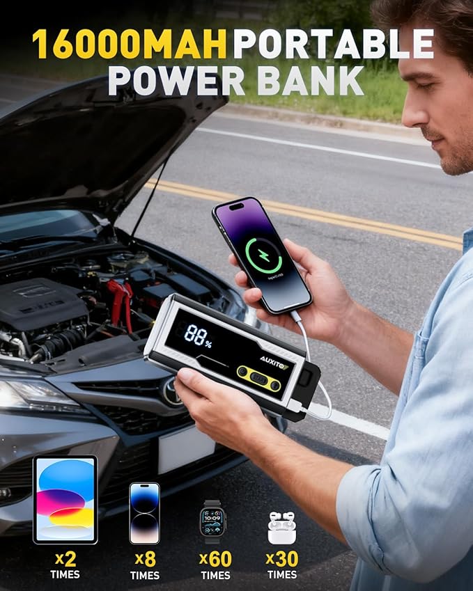 AUXITO Jump Starter 8000A Portable Car Battery Jump Starter with Large LCD Display Jump Cable with Smart Clamps Power Bank Emergency Flashlight for Cars Heavy Duty Jumper Box for Car Battery