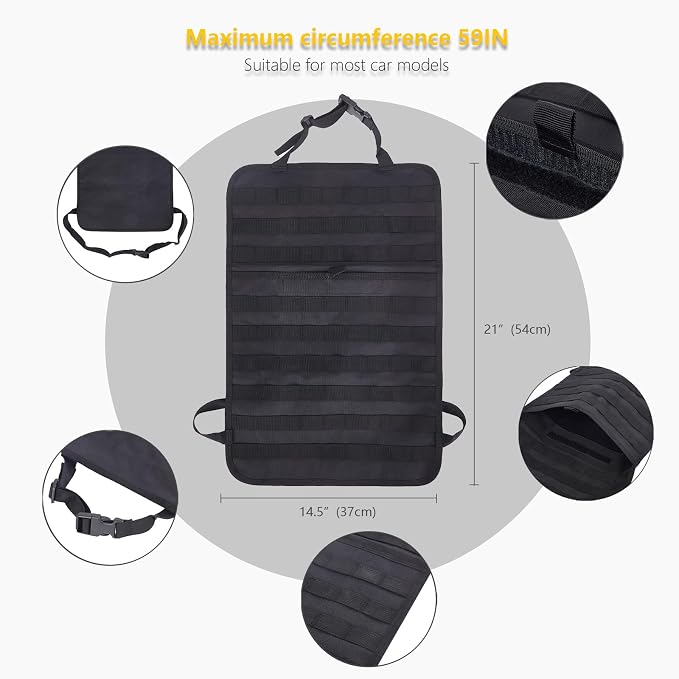 Universal Tactical Car Seat Back Organizer Bag Tactical Molle Vehicle Organizers Panel Gear Accessories with 5 Different Size Molle Pouches for Car Truck Ford Jeep Vehicle (B style-Black)