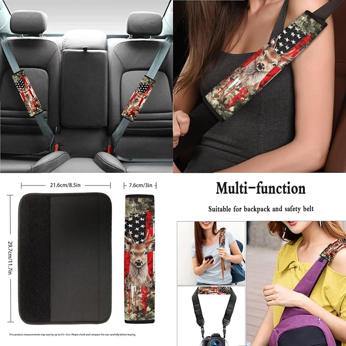 Deer Leaf American Flag Pattern Auto Accessories Set of 13, Car Front and Back Seat Covers Full Set + Steering Wheel Cover + Safe Belt Pad for Car + Coasters with Notch
