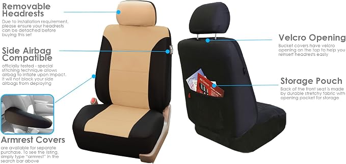 FH Group FB065115 + F11306 Classic Khaki Seat Covers (Beige) Full Set – Universal Fit for Cars Trucks & SUVs