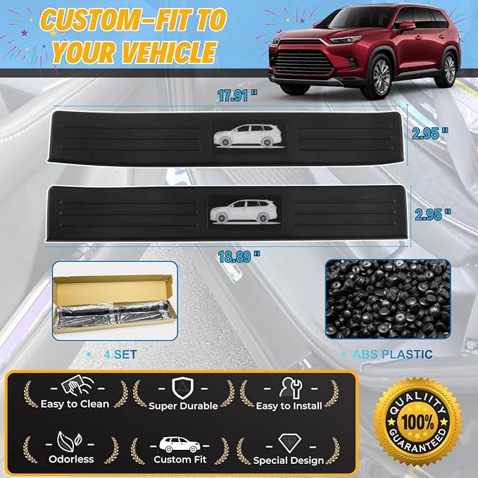 4Pcs Door Sill Protector for 2024-2026 Toyota Grand Highlander | Fits Hybrid LE/XLE/Ltd/Platinum, ABS Guards w/Logo, Anti-scratch, Non-slip, Hide Scuff, Stick-on (Not for Highlander)