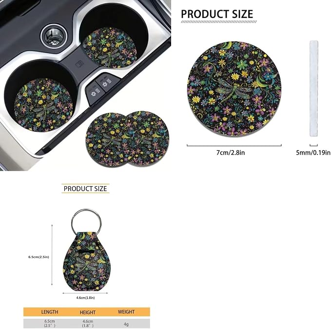 Xoenoiee Dragonfly Boho Floral Print 11 Pack Car Seat Cover Front & Rear Seat Cover SUV Car Full Set with Steering Wheel Cover + Seat Belt Cover+ Cup Coasters+ Key Chains Universal Fit
