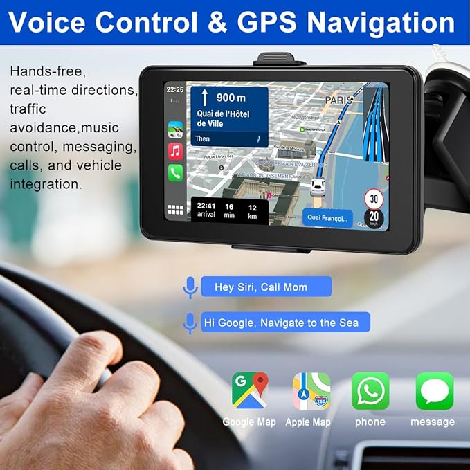 7" HD Apple CarPlay & Android Auto Screen for Car | Portable Touchscreen Screen Naivgation Car Stereo, with CarPlay Bluetooth, Mirror Link, Siri, Hands-Free Calling, AirPlay, FM/AUX & Voice Assistant