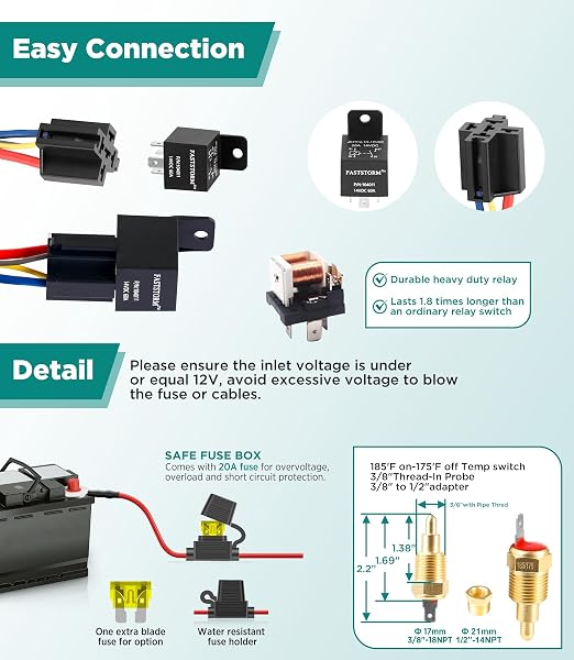 12V Dual Electric Fan Waterproof Relay Kit with Cooling Fans Rocker Switch with Jumper Wires Set 185 On 175 Off Temperature Sensor Switch for Cars Trucks RVs