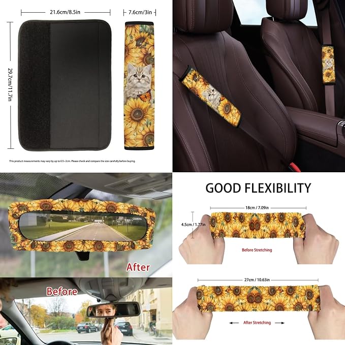 Suobstales Cat Sunflower Butterfly Print Car Seat Covers Set with Seat Belt Cover, Trash Can & More - 13 Pack