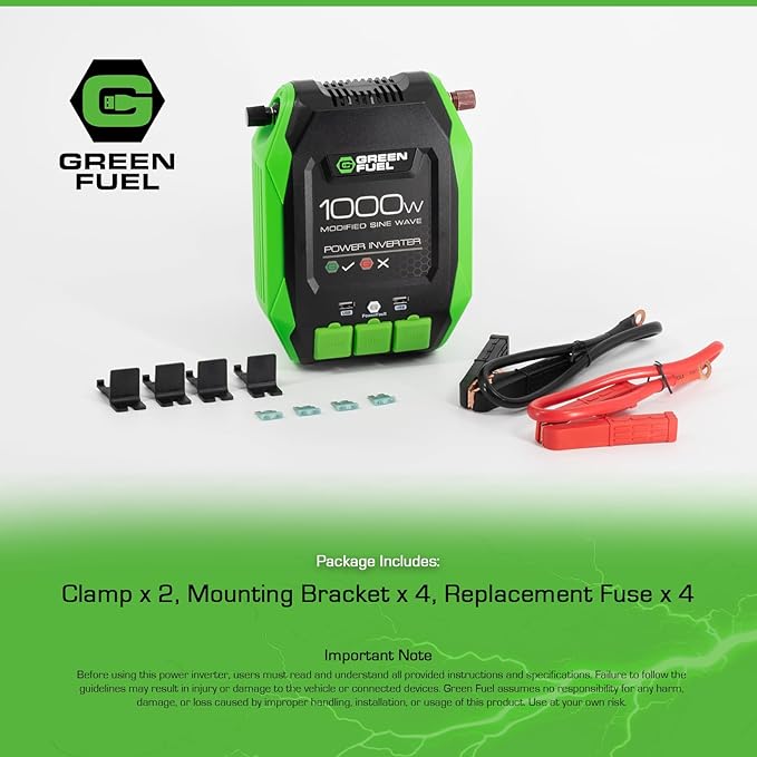 1000W Power Inverter 2000W Peak w/DC 12V to 3X 120V AC, 2X 2.4Amp USB, Mounting Brackets and Clamps Included
