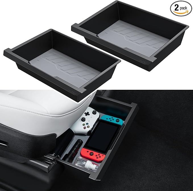 HALOBLK 2 Pack Waterproof Model Y Under Seat Storage Box Organizer, Upgraded 2-in-1 Underseat Hidden Tray for Tesla Model Y 2024-2021 [Not Compatible with 2025 New Model Y Refresh]