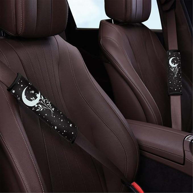 Ystardream Moon Star Flower Universal Front and Rear Bench Back Seat Cover Full Set Palm Tree Steering Wheel Cover Seatbelt Cushion Coasters Key Chains Auto Accessories Decorative,11 Pieces