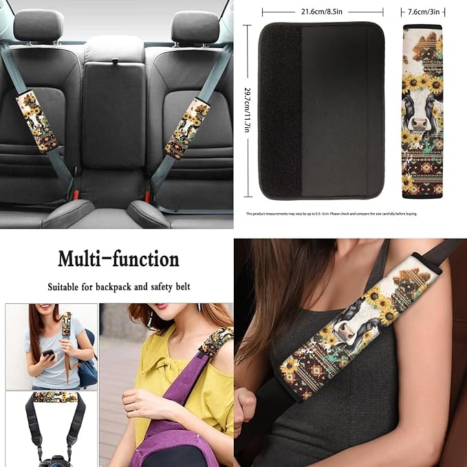12pcs Cow Western Sunflower Auto Interior Set Cow Car Seat Cover+Coaster+ Keychain+Coaster+15 Inch Horse Auto Steering Wheel Cover+Seatbelt Pad for Men Women Car Decor Accessory