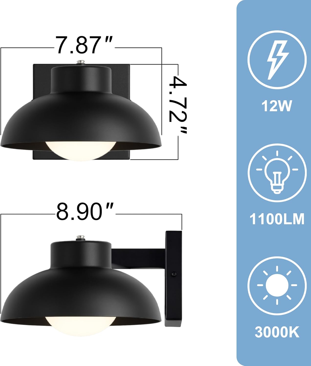 Black Exterior Light Fixtures, 2 Pack Dusk to Dawn LED Outdoor Wall Lights, 12W Integrated 3000K Farmhouse Barn Sconce, Waterproof LED Porch Lights Outdoor for Front Door, Garage, Entryway