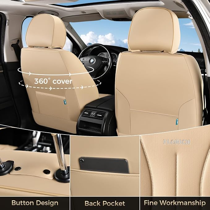 FLORICH Seat Cover, Car Seat Covers Front Set, Waterproof Leather Car Seat Protector, Front Seat Covers for Cars, Automotive Seat Covers Protector 2 Pack Fit for Most Cars Trucks SUV - Beige