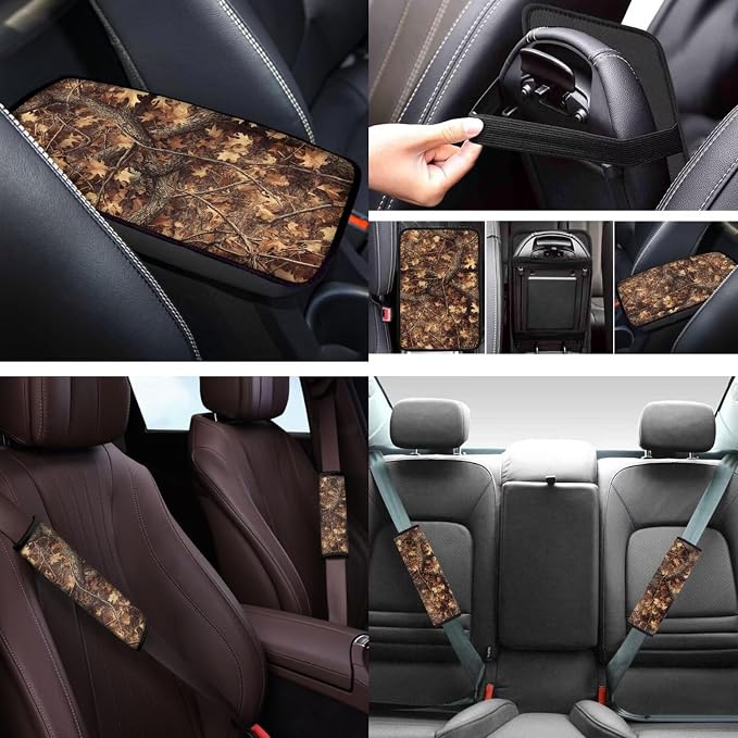 Camo Hunting 12 Pcs Car Seat Covers with Steering Wheel Cover,Seat Belt Covers Cup Holder with Keychain Automotive Protector Set Unverisal Fit Cars SUV