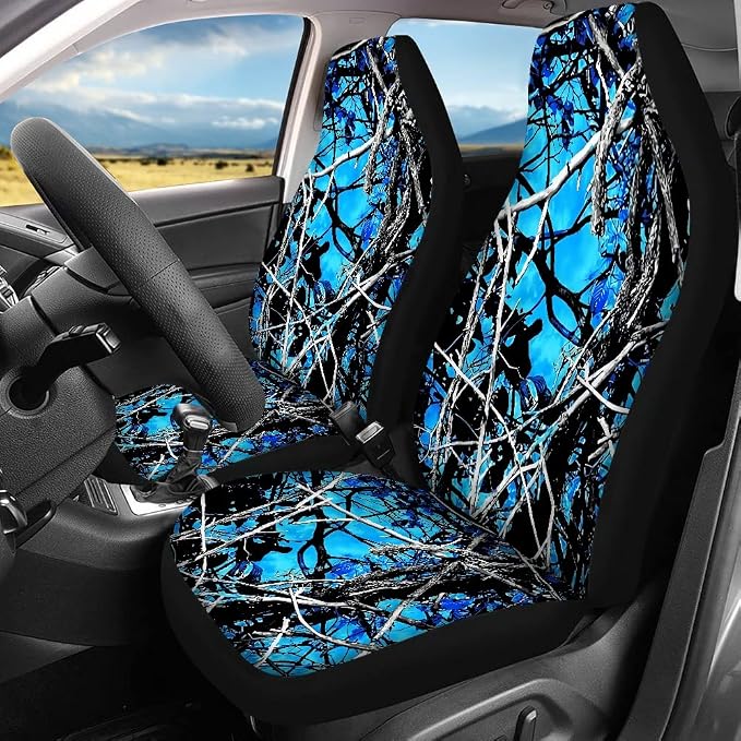 Xoenoiee Universal Car Seat Covers Full Set 11-pcs Blue Forest Camo Car Interior Accessories for Women Men, Car Coasters, Keychain, Steering Wheel Cover, Seat Belt Pad