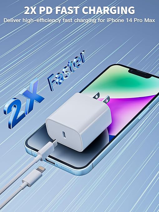 iPhone 14 13 Lightning Charger, [Apple MFi Certified]2Pack USB C Fast Charger Block Adapter with 2Pack Woven USB C to Lightning Cable for iPhone 14 Pro Max/14 Plus/13 Mini/13 Pro Max/12/11/X/8,AirPods