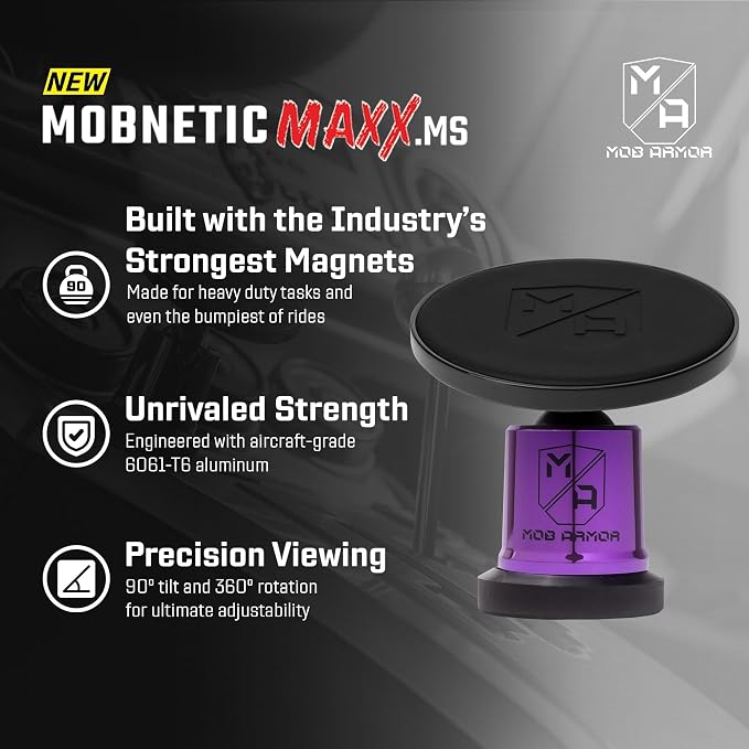 Mob Armor MobNetic Maxx MS - MagSafe Compatible Car Phone Mount w/ 90º Tilt, 360º Rotation & Durable Aluminum Build, Magnetic Holder for iPhone & Android Devices, USA Assembled - Purple Chrome