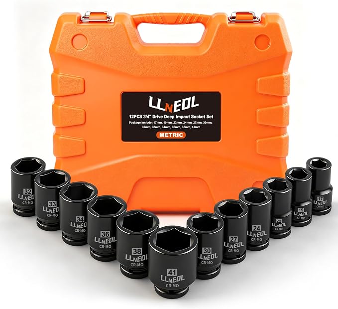 LLNEDL 3/4 Inch Drive Socket Set, 12Pcs Impact Deep/Jumbo Sockets, Metric 17mm to 41mm, 6-Point CR-MO Heavy-Duty Big Socket Set for Large Vehicle & Equipment Maintenance