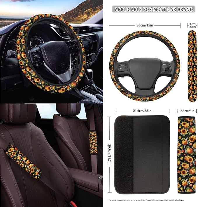 Sunflower Pumpkin Pattern Front and Back Seat Protector, Steering Wheel Cover Seat Belt Pads Trash Can Air Vent Storage Bag Keychain Thanksgiving Decor