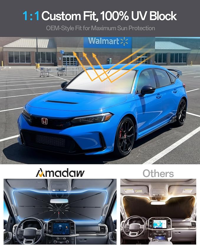 Windshield Sun Shade for Honda Civic 2000–2026, Foldable Umbrella Sunshade with 100% UV Block, Multi-Layer Heat Insulation, Reinforced 10-Rib Frame, Keeps Car Cooler, Summer Car Accessory