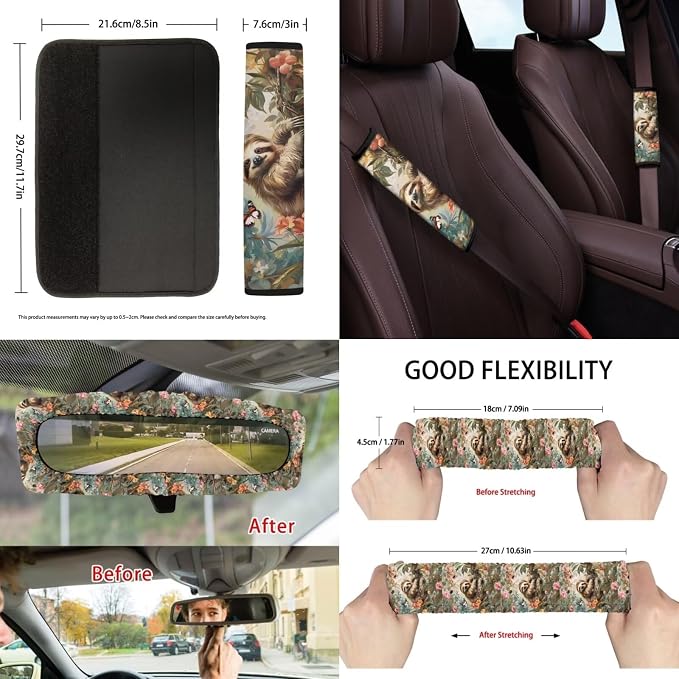 Suobstales Sloth Butterfly Flower Print 13 Pieces Car Seat Cover Set with Steering Wheel Cover/Seat Belt Pads/Car Trash Bin/Cup Coasters/Keychains/Rearview Mirror Cover Universak for SUV Truck Sedan