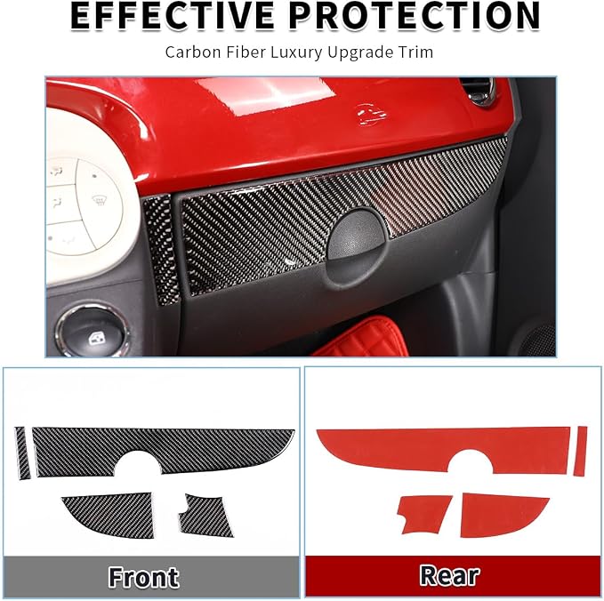 Fit for Fiat 500 2011-2019 Soft Carbon Fiber Car Center Console Decorative Protector Strip Sticker Car Interior Accessories 4PCS (Black Carbon)