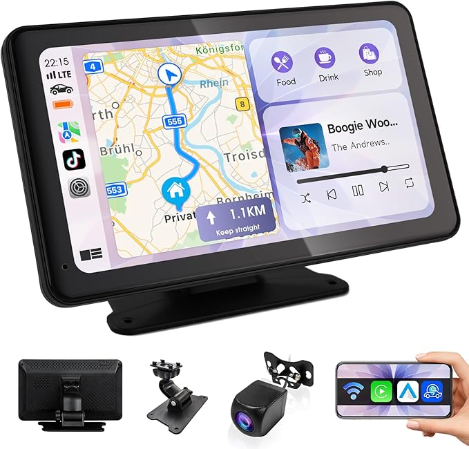 Haudio Portable Wireless Carplay Car Stereo, 7 inch HD Touchscreen for All Vehicles,with Apple CarPlay & Android Auto with Backup Camera/Mirror Link/Voice Control/Bluetooth/GPS/AUX/FM Satellite Radio