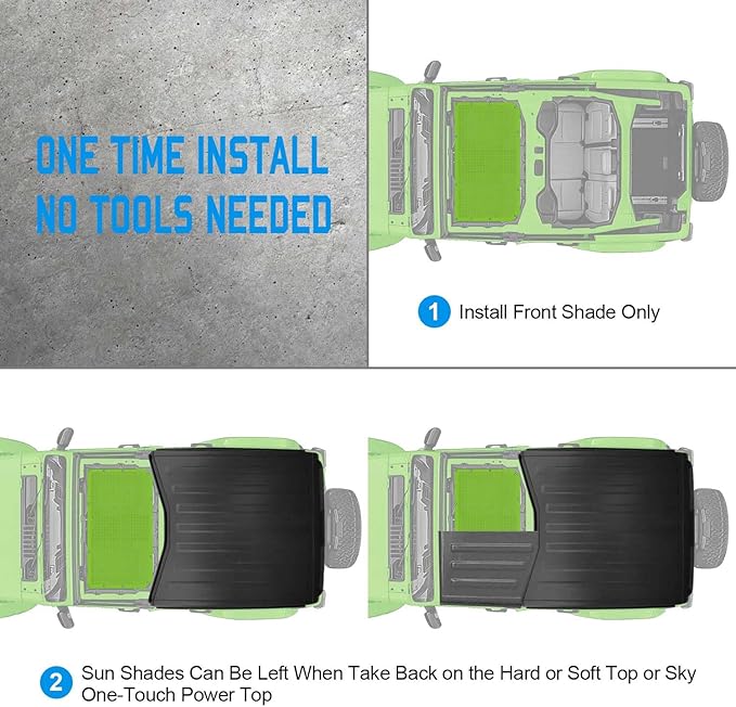 JT JL Top Sun Shade Roof Compatible with Jeep Wrangler and Gladiator 2 or 4 Door 2018 to 2023 Sunshade Sunroof Blocks UV Wind Noise Green Mesh for Front