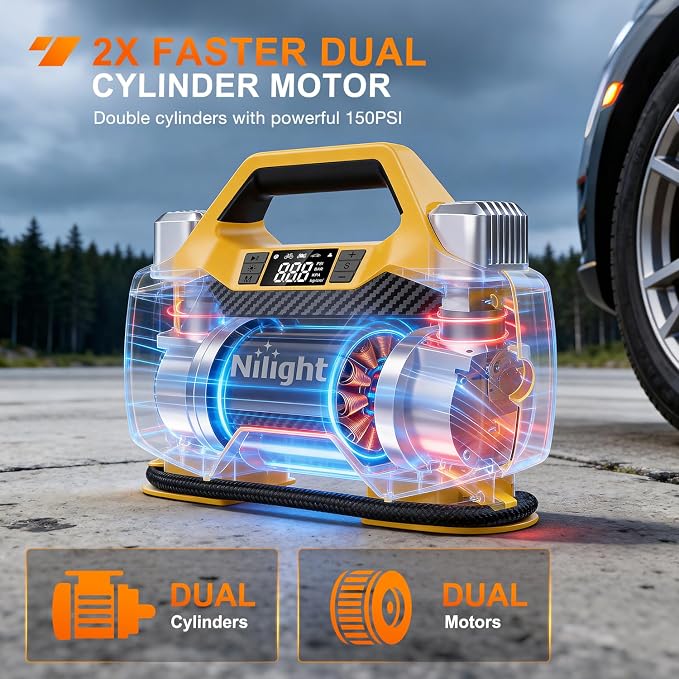 Nilight Portable DC 12V Heavy Duty Tire Inflator Dual Cylinders and Dual Motors Tire Pump 150PSI Air Pumps Auto Shutoff with Screen and LED Light Air Compressor for Pickup Truck ORVs SUVs Cars