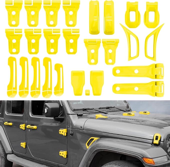 Barong for Jeep Wrangler JL JLU 2018-2025 Accessories Exterior Decoration Door Hinge Handle Engine Hood Hinge Hood Latch Wheel Eyebrow Side Air Outlet Rear Window Hinge Cover 26PCS Full Set(Yellow)