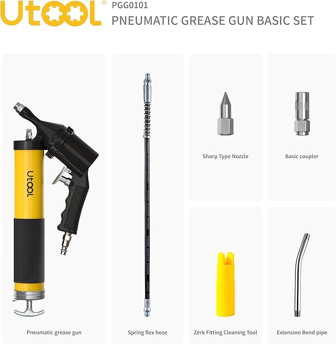 UTOOL Pneumatic Grease Gun | 6000 PSI Air Operated Grease Gun Kit, 14 oz Capacity, 18 Inch Resin Flex Hose, 1 Extension Bend Pipe, 1 Sharp Type Nozzle, 1 Basic Coupler, 1 Zerk Cleaner