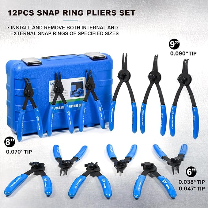 SMOTIVEPRO 12 Piece Versatile Retaining Snap Ring Pliers set,Heavy Duty Fixed Tip Combination Internal/External Snap-ring Pliers for 0.038in 0.047in 0.070in 0.090in