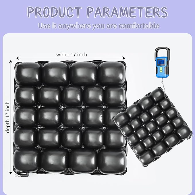 Cushions for Pressure Sores on Buttocks - 17 x 17 Inches Wheelchair Cushion for Pressure Relief - Inflatable Air Seat Cushion for Long Sitting, Office Chair, Car Seat, Travel