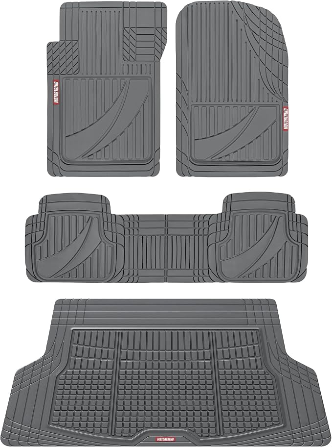 Motor Trend FlexTough Advanced Gray Rubber Car Floor Mats with Cargo Liner Full Set - Front & Rear Combo Trim to Fit Floor Mats for Cars Van SUV, All Weather Automotive Floor Liners