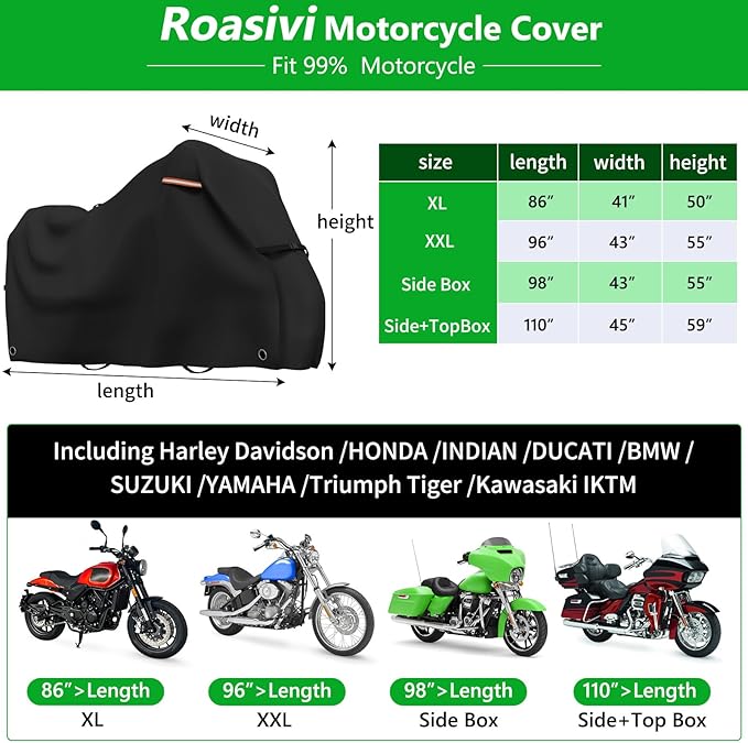 Roasivi Motorcycle Covers Outdoor Waterproof Motorbike Covers All Season Universal Weather Protection for Harley Davidson Touring Models General Fits XL 86" L x 41" W x 49" H Black
