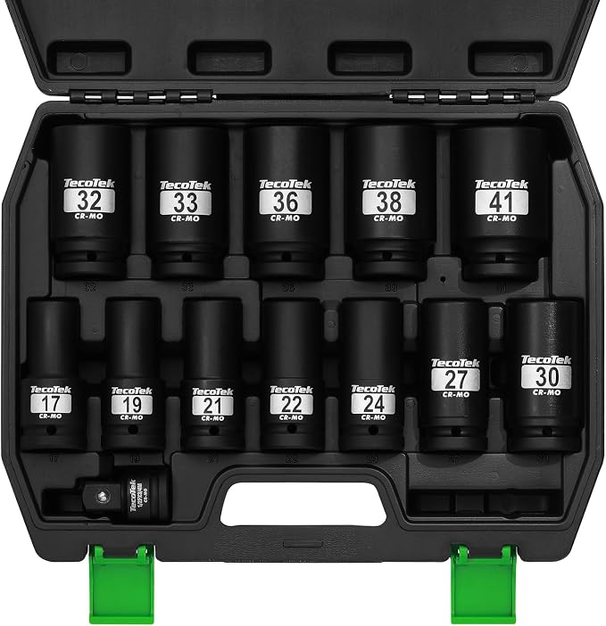 TecoTek 3/4" Drive Deep 6-Point Impact Socket Set, 13-Piece Jumbo Assortment, Cr-Mo, Metric (17mm to 41mm), 1/2" F to 3/4" M Impact Socket Adapter, for Large Vehicle and Apparatus Maintenance