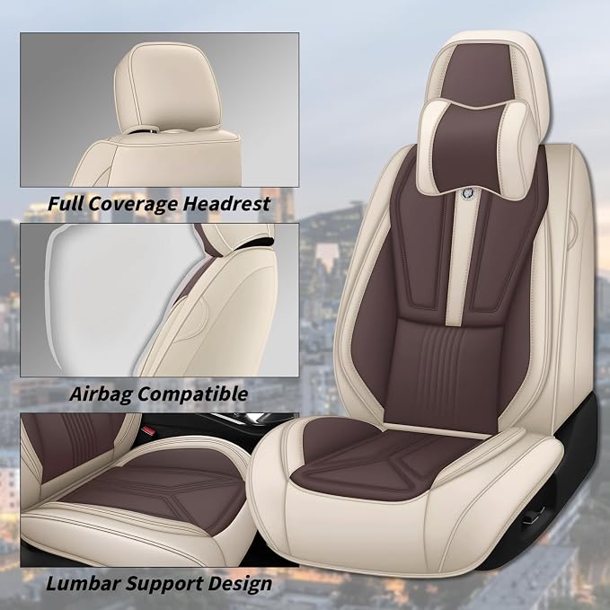 Arazi Fit for 90% of Mercedes-Benz Seat Covers, 360° Full Wrap Original Seat Cover, Waterproof Nappa Leather Seat Covers with Big Space Storage Pocket Seat Protector（5 Seats Luxury, Beige&Brown）