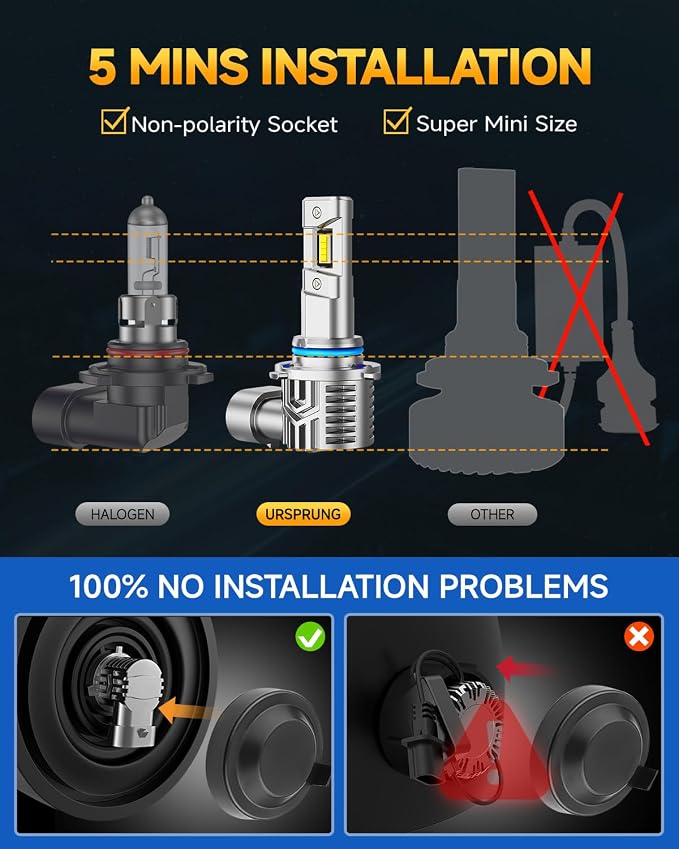 Ursprung 9005 led Bulbs,900% 50,000LM Brightness HB3 Bulbs,6500K Cool White,Plug and Play, Replacement fog bulb,Quick Installation,Pack of 2