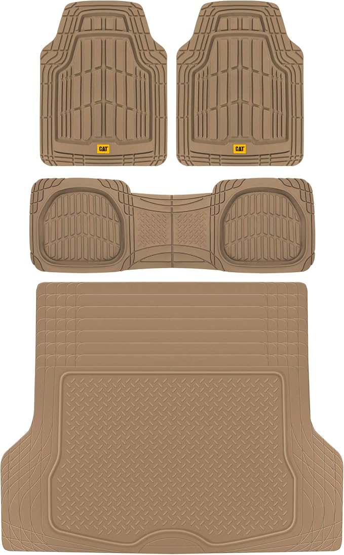 BDK Cat® CAMT-1003 (3-Piece) Deep Dish Rubber Car Floor Mats with Trunk Cargo Liner, Heavy Duty All Weather Trim to Fit Front & Rear Combo Set for Car Sedan SUV Van Beige